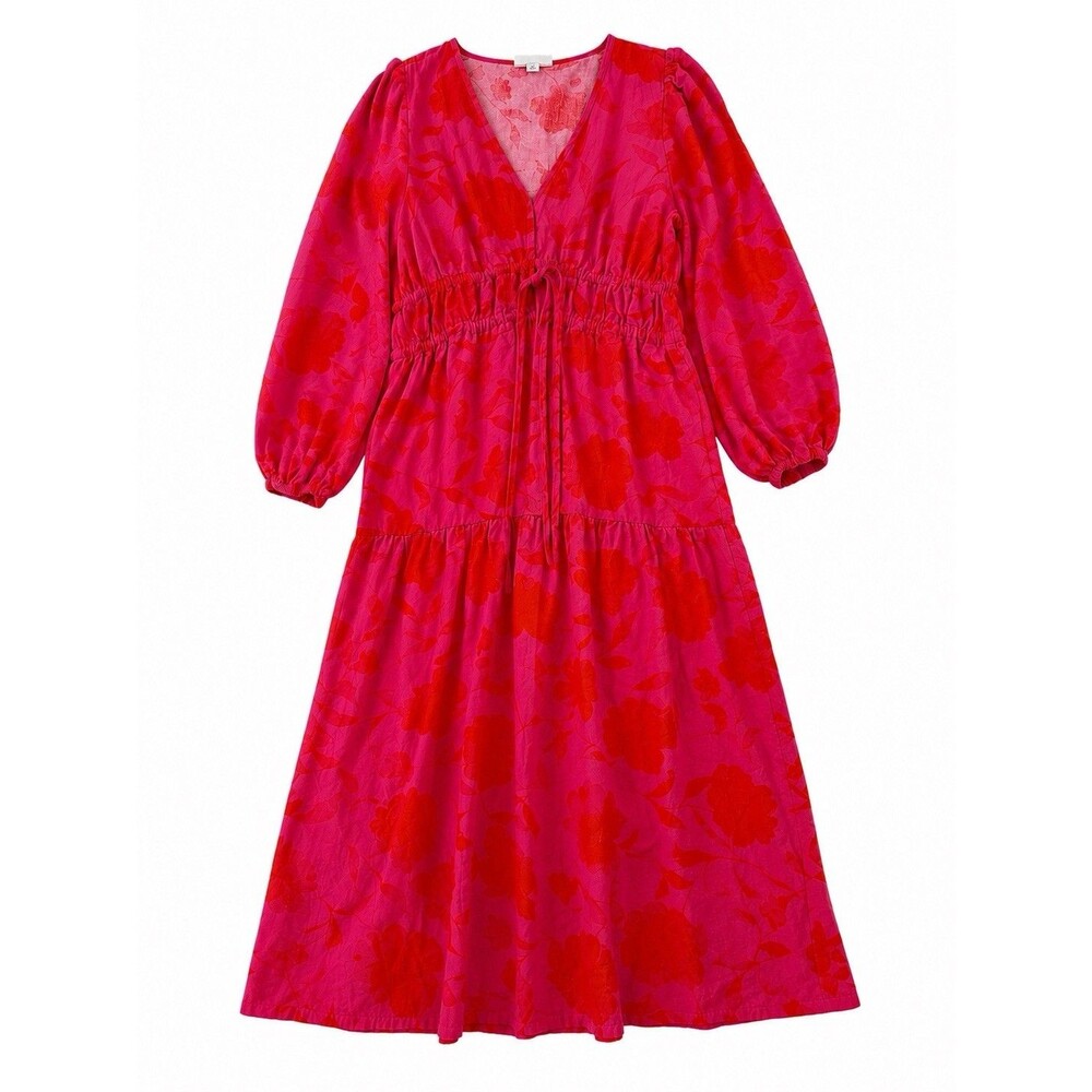 Kate Spade New York Pink Red Floral Linen Blend Puff Sleeve Dress M